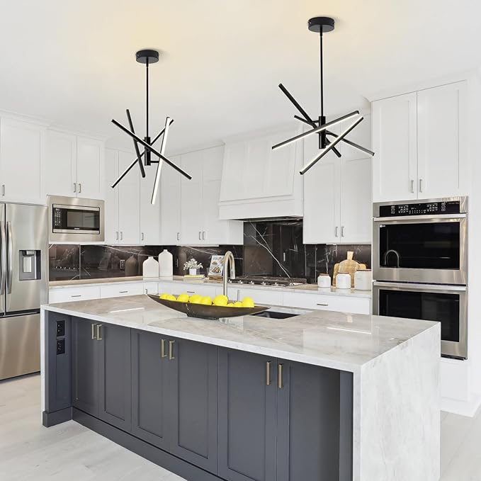 Modern Black Chandelier Light Fixtures: LED 4-Light Sputnik Dining Room Chandeliers Linear Pendant Lights Fixture Over Table Dimmable with Remote for Kitchen Island Living Room