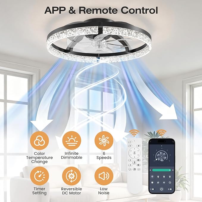 StarryEver 20" Low Profile Ceiling Fans with Light, 3000-6500K Dimmable Flush Mount LED Fan Light with Remote and 6 Speeds Fan, Modern Ceiling Fans for Bedroom, Living Room, Kids, Kitchen, Black