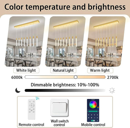 8-Light Gold Rectangular LED Chandelier, Bubble Crystal Column Chandeliers, Modern Dimmable Adjustable Height Hanging Light for Kitchen Island, Over Dining Room Table