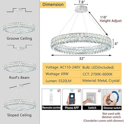 Modern Ring Chandelier, Crystal Chandeliers for Dining Room Round LED Ceiling Light Fixture for Living Room Bedroom Lighting Dimmable with Remote Ring Lights, 32inch Width
