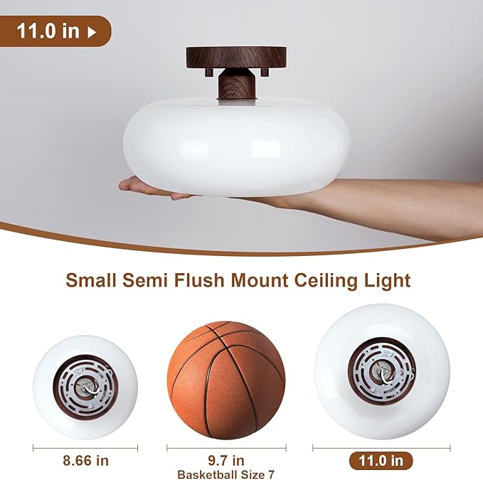 WOKNOS Mid-Century Modern Semi Flush Mount Ceiling Light, Faux Walnut Wood Kitchen Light Fixtures with Glass Shade, Vintage White Close to Ceiling Lamp for Entryway Hallway Bathroom (11.0 Inch)