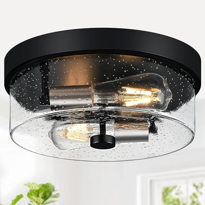 Flush Mount Ceiling Light Fixtures, 2-Light Black and Silver Ceiling Mount for Farmhouse with Seeded Glass Lampshade, Industrial Flush Mount Light Fixture for Hallway, Kitchen, Entryway and Foyer
