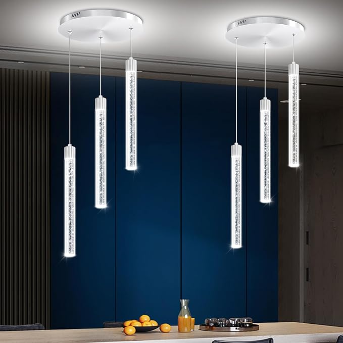 Modern Led Crystal Column Chandelier 3-Light Silver LED Pendant Light for Kitchen Island Foyer Entryway Dimmable Hanging Pendant Lighting 2700K-6000K