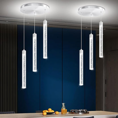 Modern Led Crystal Column Chandelier 3-Light Silver LED Pendant Light for Kitchen Island Foyer Entryway Dimmable Hanging Pendant Lighting 2700K-6000K