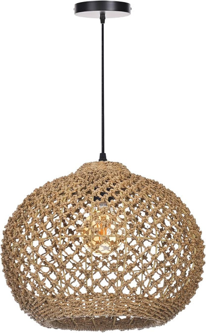 Boho Chandelier, Farmhouse Ceiling Hanging Lamp Shade, Natural Rattan Weaving Light Fixture, Rustic Round Pendant Lighting for Kitchen Dining Room Restaurant Bar, 13.78" W x 11.02" H