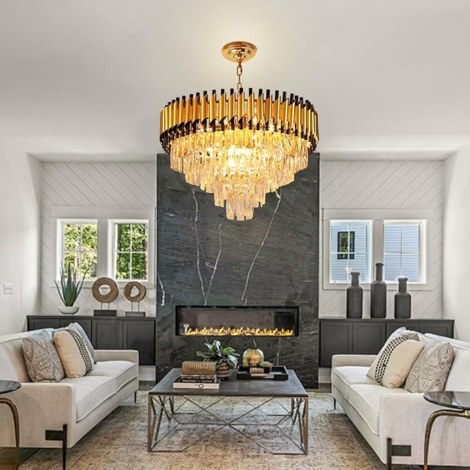 Depuley Modern Gold Crystal Chandelier: 24" 5-Tier K9 Crystal Hanging Light 9-Light Flush Mount Chandelier for Living Room Dining Room Entryway Bedroom Included Bulbs
