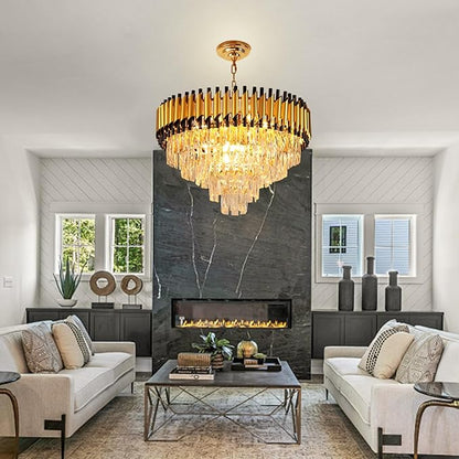 Depuley Modern Gold Crystal Chandelier: 24" 5-Tier K9 Crystal Hanging Light 9-Light Flush Mount Chandelier for Living Room Dining Room Entryway Bedroom Included Bulbs