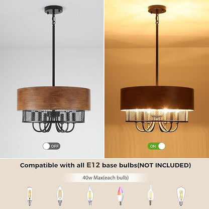 Farmhouse Drum Chandelier for Dining Room, 18" Rustic Black Chandelier with Wood Grain Finish, 6-Light Round Drum Hanging Chandelier Light Fixture for Entryway, Foyer, Living Room, Kitchen, Bedroom