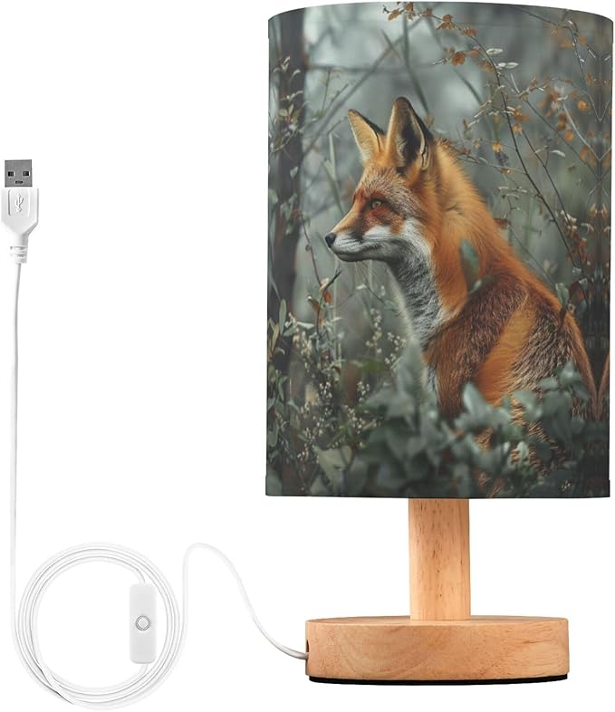 Table Lamp Fox in Forest Nightstand Lamp with Wood Base Fabric Lamp Shade Bedside Desk Lamp for Living Room Bedroom Kids Room Office