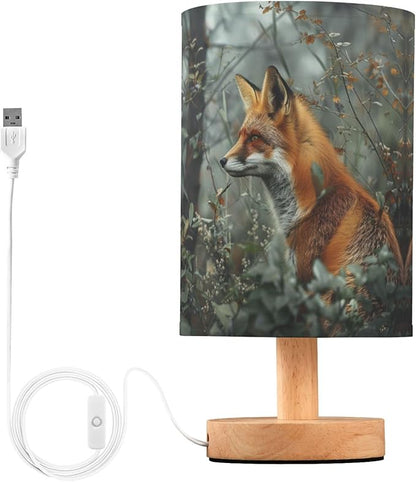 Table Lamp Fox in Forest Nightstand Lamp with Wood Base Fabric Lamp Shade Bedside Desk Lamp for Living Room Bedroom Kids Room Office