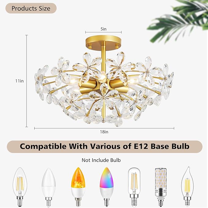 Gold Flower Crystal Ceiling Light 18'' Vintage Semi Flush Mount Light Fixture 6-Light Farmhouse Chandelier for Dining Room, Living Room, Kitchen, Bedroom, Entryway, E12 Base (AJ9010)