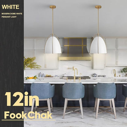 White Gold Pendant Light 3-Light Socket Large Pendant Light Fixture with Adjustable Pendant Rod 12in Dome Kitchen Pendant Lighting for Kitchen Island Dining Room Kitchen Sink, E26