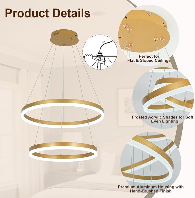 2 Rings Modern LED Chandelier Gold High Ceiling Ring Chandeliers with Remote Control Circular Pendant Light Dimmable for Dining Room Living Room Bedroom Hallway Kitchen Island 3000K-6500K