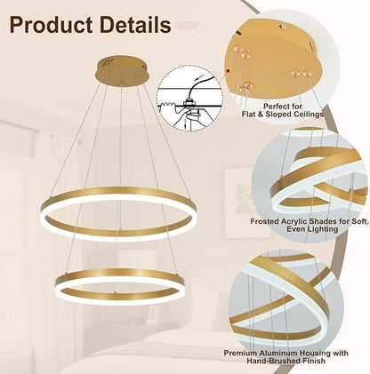 2 Rings Modern LED Chandelier Gold High Ceiling Ring Chandeliers with Remote Control Circular Pendant Light Dimmable for Dining Room Living Room Bedroom Hallway Kitchen Island 3000K-6500K