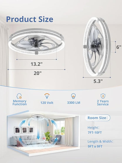 ZMISHIBO Low Profile Ceiling Fans with Lights, Flush Mount Modern Ceiling Fan and Remote Control, 20" LED Ceiling Fans, Stepless Dimmable 3 Colors and 6 Speeds (Grey, 20")