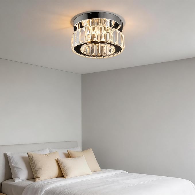 CLAIRDAI Flush Mount Ceiling Light Fixture LED Mini Chandeliers with Crystals Hallway Light Mini Modern Crystal Chandeliers Bedroom Chandelier for Bathroom Kitchen Office(Dimmable)