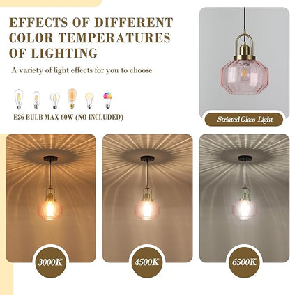 9in Mid Century Modern Pink Glass Pendant Light Fixture, Small Gold Kitchen Island Pendants Light Glass Ceiling Hanging Lamp for Foyer Dining Room Bedroom Entryway Hallway Over Sink