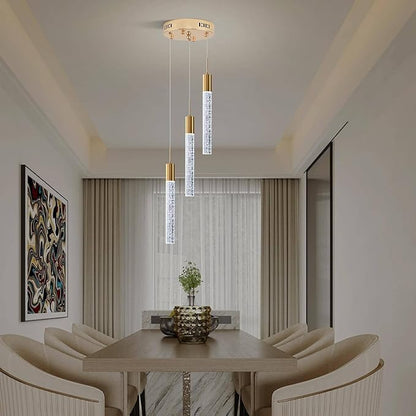 Modern Crystal Chandelier 3-Lights, Spiral LED Raindrop Kitchen Island Pendant Lighting, Bubble Foyer Dinimg Room Hanging Light Fixture Remote Control Gold