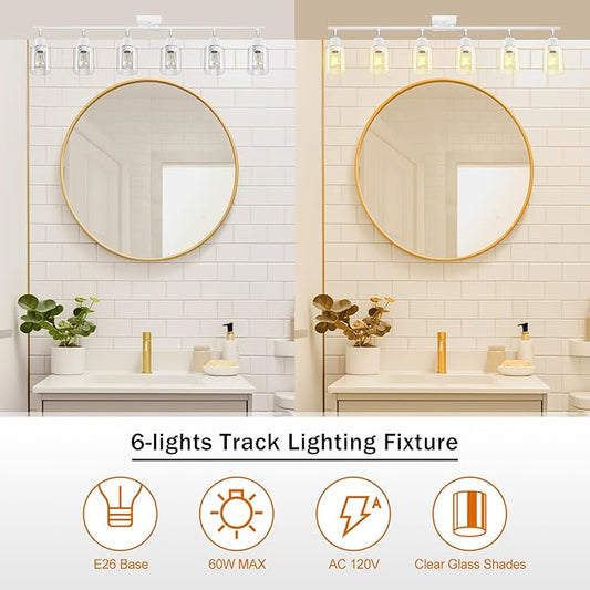 BoostArea White LED 6 Light Track Lighting Kit, 6 Way Ceiling Spot Lighting with Glass Lampshade, Flexibly Rotatable Light Head for Kitchen, Living Room, Bedroom, Bulb Not Included