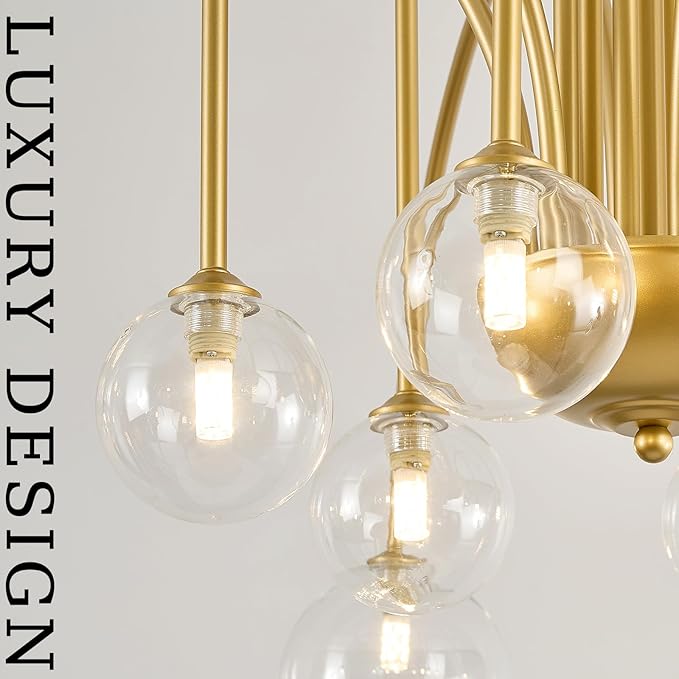 CATINER Gold Sputnik Chandeliers 12 Lights Modern Chandelier Large L52”Mid Century Ceiling Pendant Light Fixtures with Clear Glass Globe Shades for High Ceiling Living Dining Room Foyer Staircase