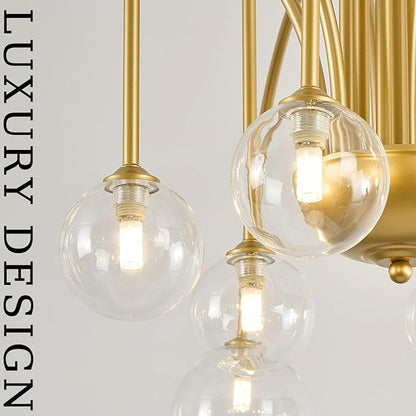 CATINER Gold Sputnik Chandeliers 12 Lights Modern Chandelier Large L52”Mid Century Ceiling Pendant Light Fixtures with Clear Glass Globe Shades for High Ceiling Living Dining Room Foyer Staircase