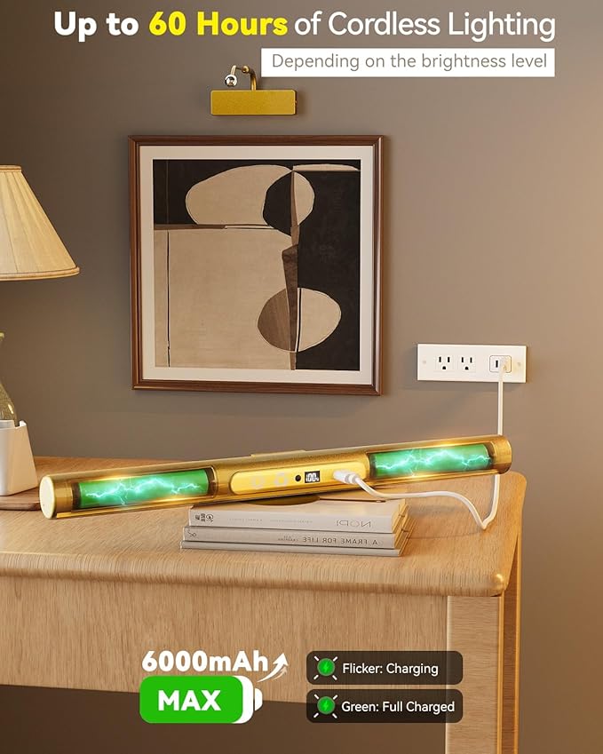 Skairipa Picture Light for Wall, 6000mAh Rechargeable Wireless Wall Lights, 13'' Dimmable Remote Magnetic LED Art Painting Light with 3 Color Temps, Display for Gallery, Living Room (Gold, 2Pack)