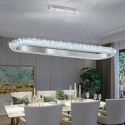 47'' Oval Ring Crystal Chandelier Modern LED Dimmable Ring Pendant Light Chandelier for Dining Room Living Room Silver