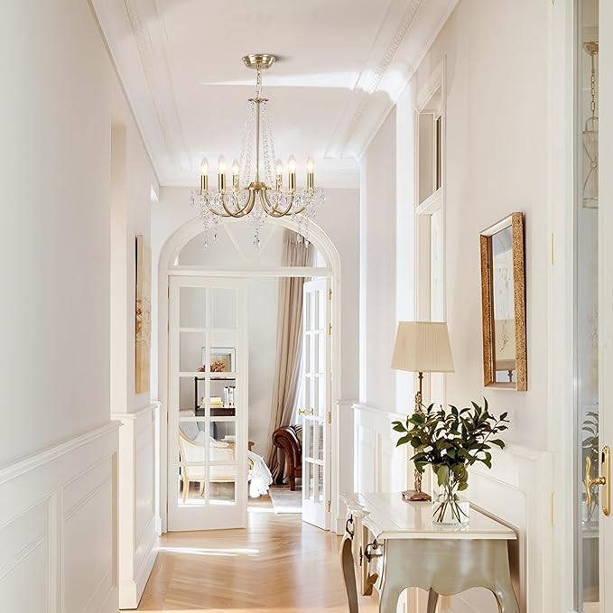 Crystal Gold Chandeliers for Dining Room, Modern Candle Crystal Brass Chandelier Light Fixture, Vintage Pendant Light for Living Room Bedroom Bathroom Entryway Hallway E12 Bulbs D19 in x H24 in