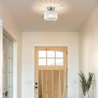 Crystal Chrome Semi Flush Mount Ceiling Light Modern Hallway Light Fixture Metal Close to Lamp for Entryway Bathroom (8.66 inch)