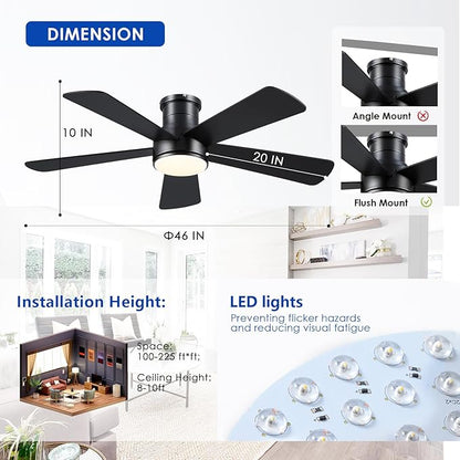 Hounberi 46 Inch Flush Mount Ceiling Fan with Lights and Remote, Modern Quiet DC Motor Low Profile Ceiling Fan for Low Ceilings, 5 Reversible Blades, 6 Speeds Dimmable, Indoor Outdoor Bedroom, Black
