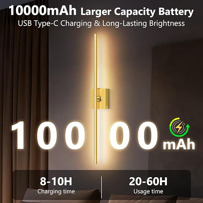 1 Pack Rechargeable Wall Sconce - Gold 10000mAh Battery Operated Wall Sconce with Remote and Touch, 31-inch LED Wireless Wall Light, 360° Rotate 4CCT Wall Scone Decor for TV, Bedroom, Living Room