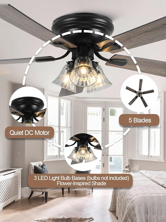 52 Inch Vintage Ceiling Fan with Lights Flush Mount Chandelier Ceiling Fan Indoor Farmhouse Rustic Chandelier Low Profile Antique Fandelier, 3 LED Light Bulbs Base, for Bedroom Living Room