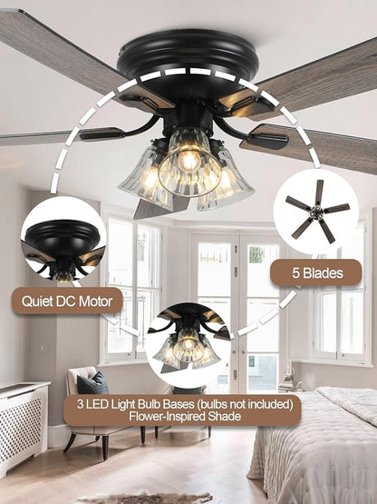 52 Inch Vintage Ceiling Fan with Lights Flush Mount Chandelier Ceiling Fan Indoor Farmhouse Rustic Chandelier Low Profile Antique Fandelier, 3 LED Light Bulbs Base, for Bedroom Living Room