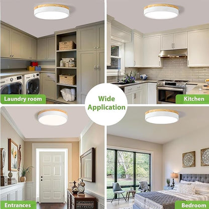 Modern Wood Flush Mount Ceiling Light, White LED 5CCT 2700K-6000K Dimmable Ceiling Light Fixtures, Round Close to Lighting Fixture for Kitchen Entryway Hallway Bedroom Laundry Room-11.8in