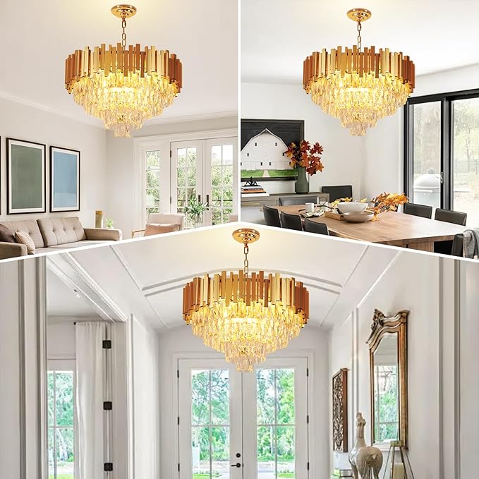 Depuley Modern Gold Crystal Chandelier: 9-Light 4-Tier Flush Mount Chandelier 12 Inch Luxury Round Hanging Pendant Light Fixture for Bedroom Dining Room Living Room Included Bulbs