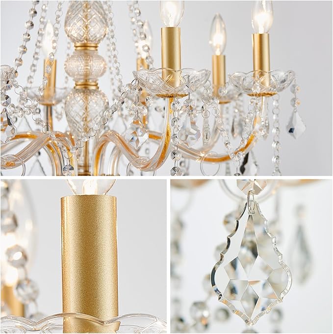 WUZUPS 8-Light Crystal Candle Chandelier Pendant Ceiling Light Modern Lighting Fixture for Bedroom Hallway Bar Kitchen Bathroom, H 35.4" W 27.6", E12 Base, Gold