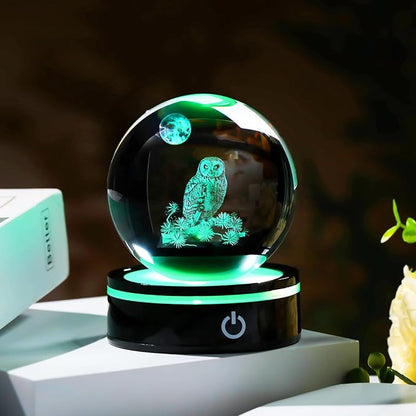 YWHL 3D Owl Figurine Crystal Ball with Colorful Light Base, Owl Gifts for Women Men Owls Lovers on Christmas Birthday, 3D Laser Engraved Owls Sphere Glass Ball for Home Office Decoration (80mm)