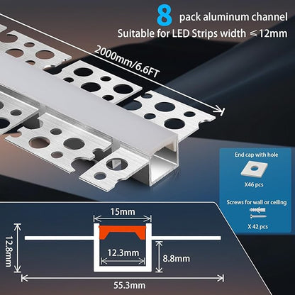 Flexible Plaster in LED Channel 6.6ft ×8Pack Curved Recessed Drywall Aluminum Strip Light Track with White Diffuser for LED Tape Mounting Profile