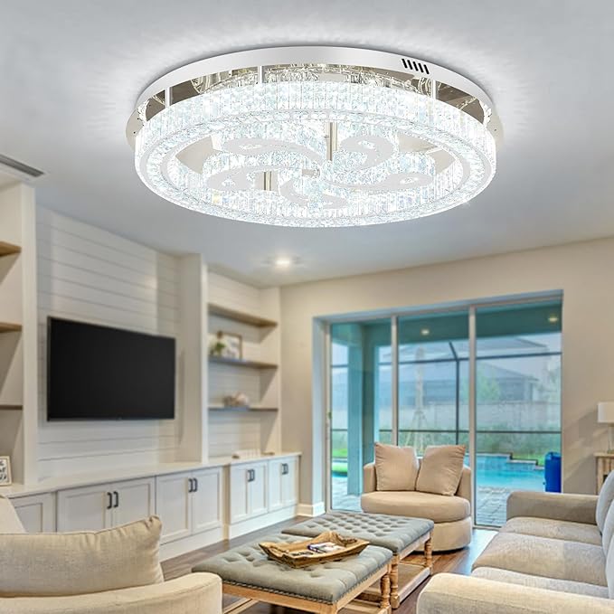 Modern Crystal Chandeliers for Dining Room Flush Mount Ceiling Chandelier for Living Room Dining Room Ring LED Crystal Ceiling Light (Round,32in Silver,Dimmable 2700K-6500K)