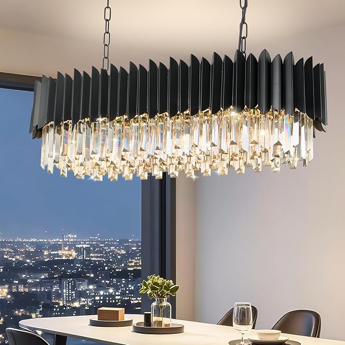 Modern Black Rectangular Crystal Chandelier for Dining Room 3-Tiers 8 Lights Luxury Oval Ceiling Hanging Light Contemporary Pendant Light Fixture for Kitchen Island Living Room Bar L33 inch