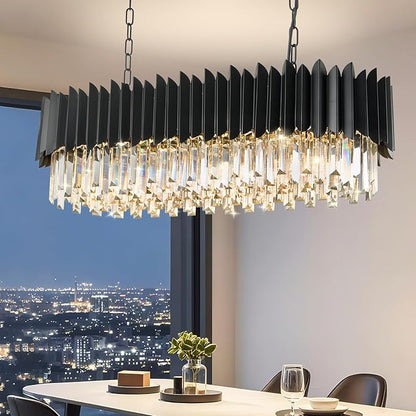 Modern Black Rectangular Crystal Chandelier for Dining Room 3-Tiers 8 Lights Luxury Oval Ceiling Hanging Light Contemporary Pendant Light Fixture for Kitchen Island Living Room Bar L33 inch