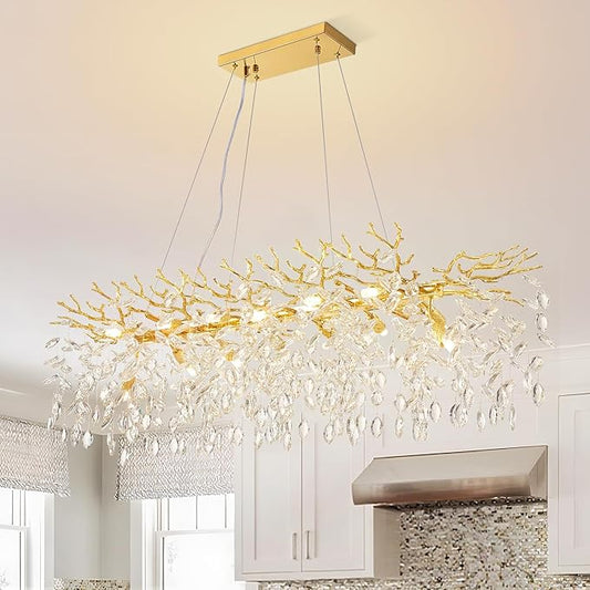 Modern Rectangular Chandelier, 47.3" Gold Crystal Tree Branch Chandelier 14 Lights Luxury Raindrop Light for Dining Room, Kitchen Island, Living Room