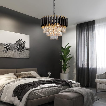 3-Tier Black Gold Crystal Chandelier 5-Light 15’’ Modern Crystal Pendant Chandelier Ceiling Light Fixture Hanging Lighting for Kitchen Island Dining Room Foyer Entryway Bedroom