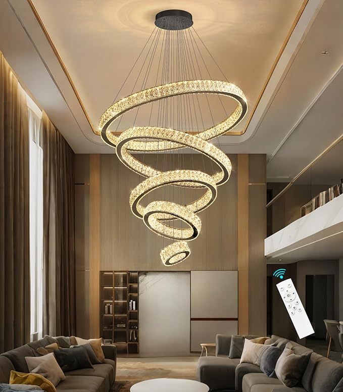 Modern High Ceiling Crystal Chandelier 90W Dimmable LED Chandeliers with Remote Luxury Height Adjustable Large Lighting Fixtures for Living Room Staircase Foyer Black