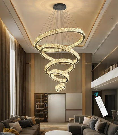 Modern High Ceiling Crystal Chandelier 90W Dimmable LED Chandeliers with Remote Luxury Height Adjustable Large Lighting Fixtures for Living Room Staircase Foyer Black