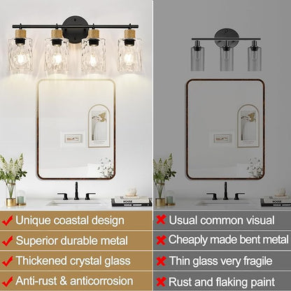 MOKATNG Bathroom Light Fixtures, 4-Light Coastal Vanity Lights with Crystal Glass Shade, Black Bathroom Wall Lamp for Mirror Kitchen Hallway Cabinet