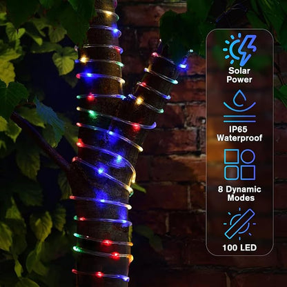 ANJAYLIA 33FT 100 LED Solar Rope Lights Outdoor Waterproof, Solar Powered Rope String Lights with 8 Modes for Outdoor, Patio, Garden, Camping, Holiday & Christmas Décor Multicolor