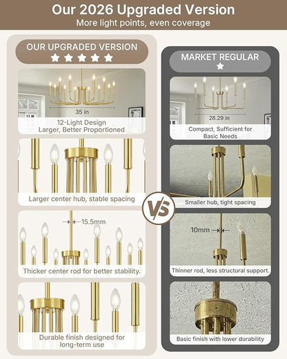 Yunnix 12-Light Gold Chandelier, 35" Extra Large Modern Gold Chandelier Brushed Gold Chandelier Light Fixture - Gold Farmhouse Chandelier for Dining Room, Living Room, Kitchen Island, Hall, Foyer