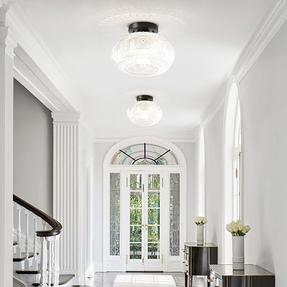 Semi Flush Mount Ceiling Light, Upgraded Larger Black Glass Ceiling Light Fixture, Vintage Lighting for Hallway Kitchen Bedroom Dining Room, Bulb Not Included