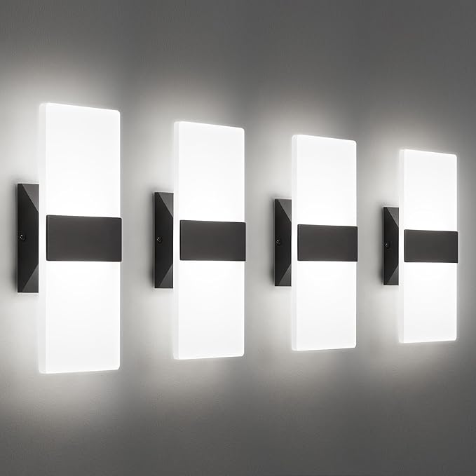 Modern LED Wall Sconces, 12 Inch Indoor Black Wall Lights, 12W 2700K-5000K Adjustable, Hardwired Acrylic Wall Sconces Set of 4, Dimmable Wall Mount Light for Living Room Bedroom Hallway, ETL